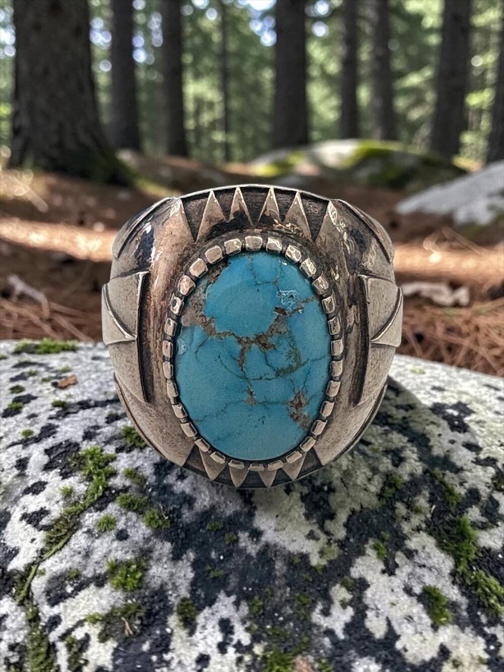 Vintage Kingdom Silver Turquoise Wide Band Statement Ring Serrated Bezel Geometr
